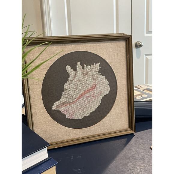 Conch Seashell Cross Stitch Framed Artwork Brown and Cream Wood Framed Beach - Picture 3 of 7